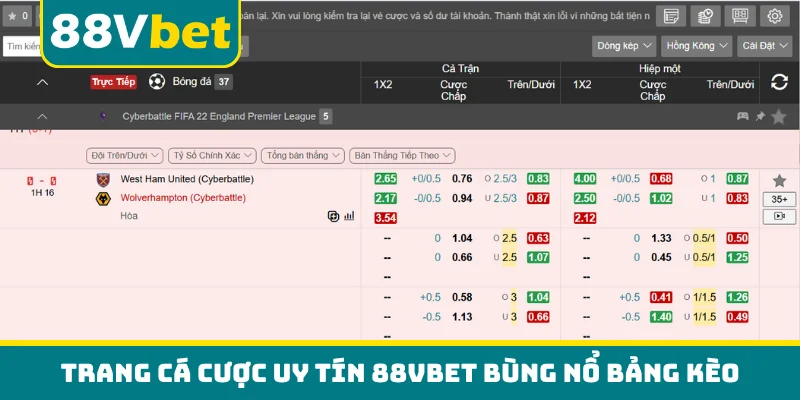 Trang cá cược uy tín 88VBET bùng nổ bảng kèo