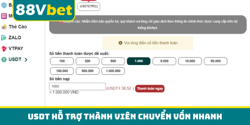 USDT hỗ trợ thành viên chuyển vốn nhanh